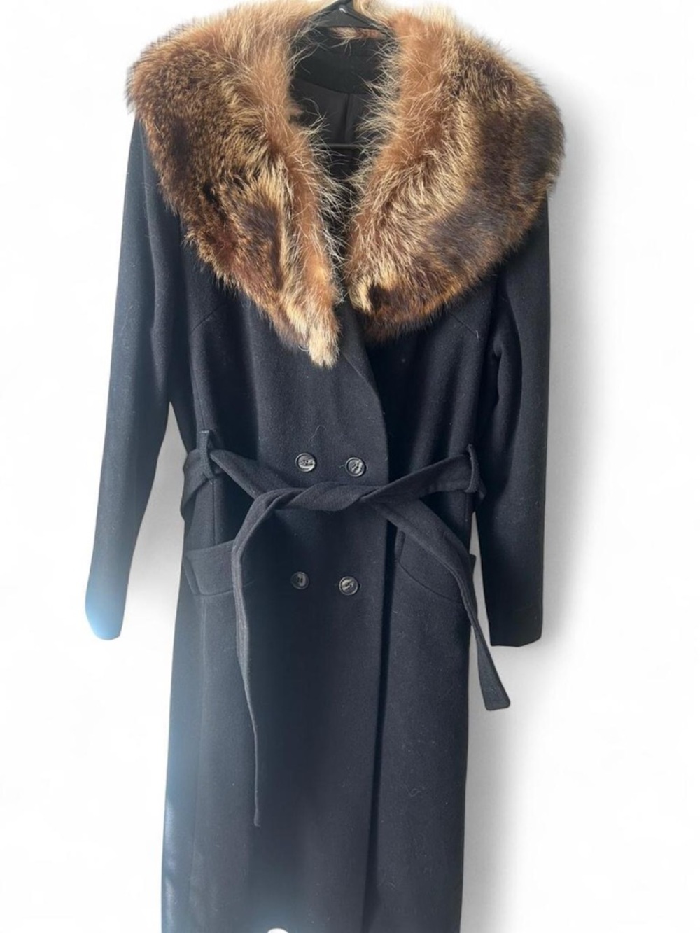 Vintage Black Wool Coat w Genuine Raccoon Fur Collar Long Belted Women’s Medium